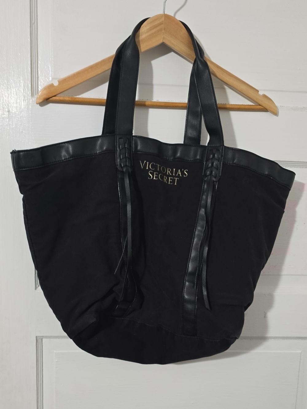 Victoria's Secret Black Canvas Tote with Faux Leather Trim